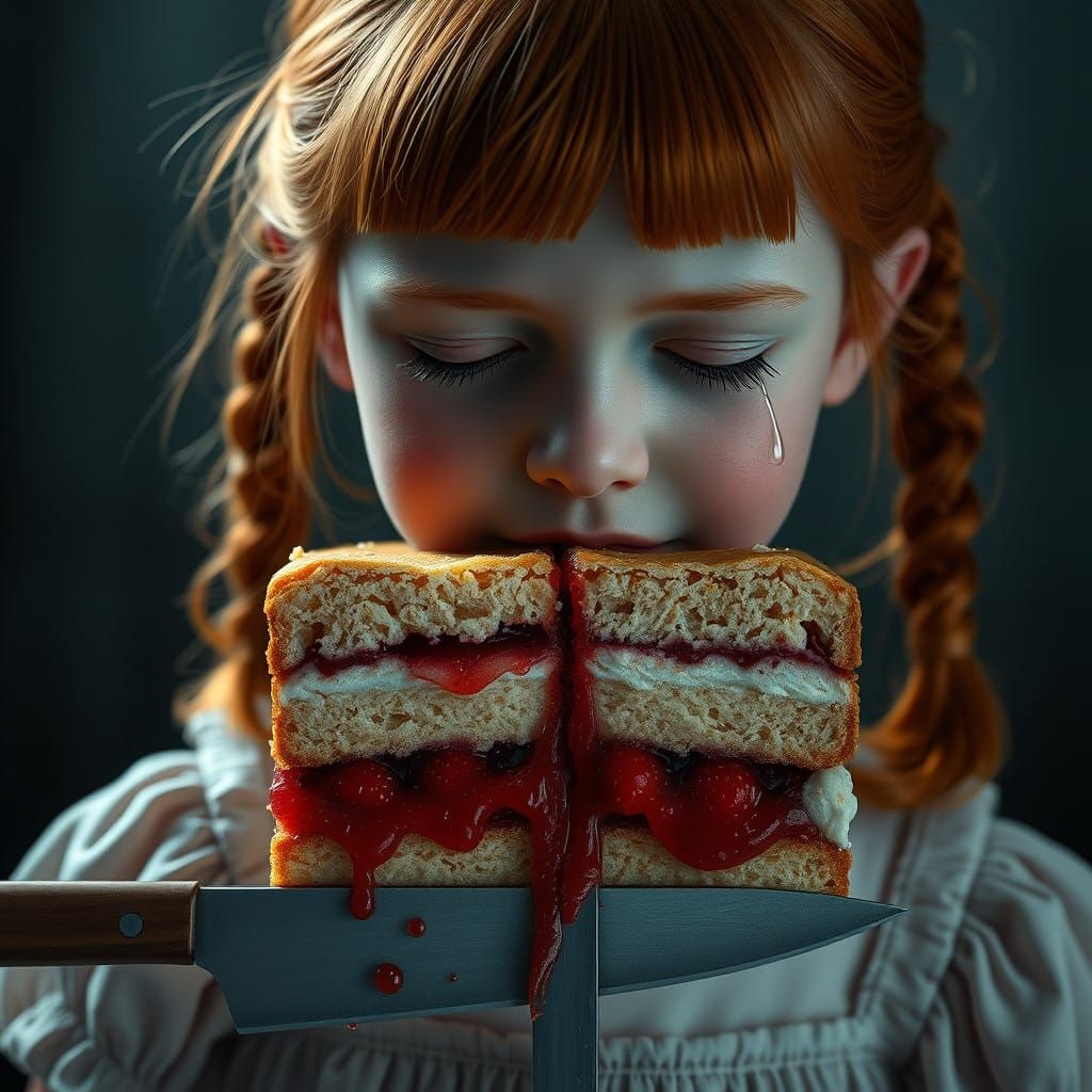 Whimsical Ginger-Pigtailed Girl in a Dreamlike Cake Landscap...