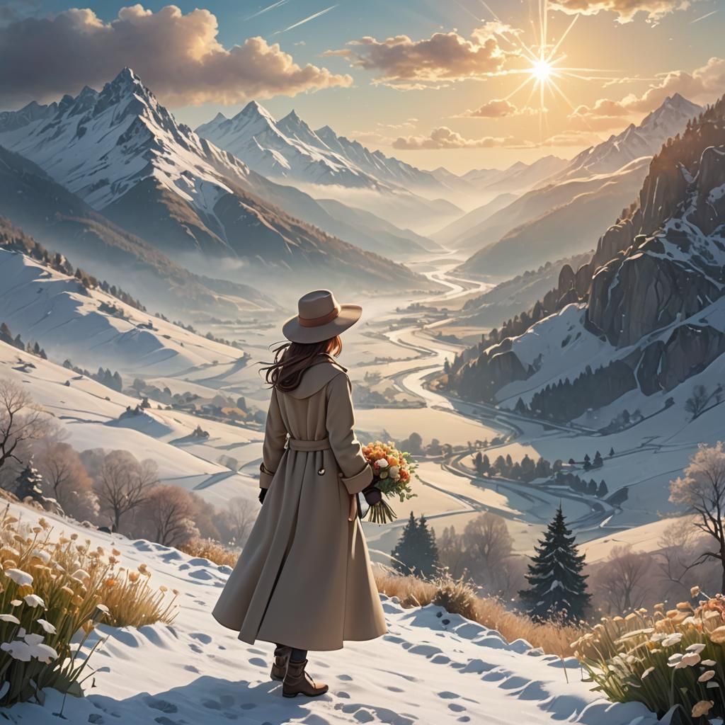 Dreamy Snowy Valley with Girl and Flowers