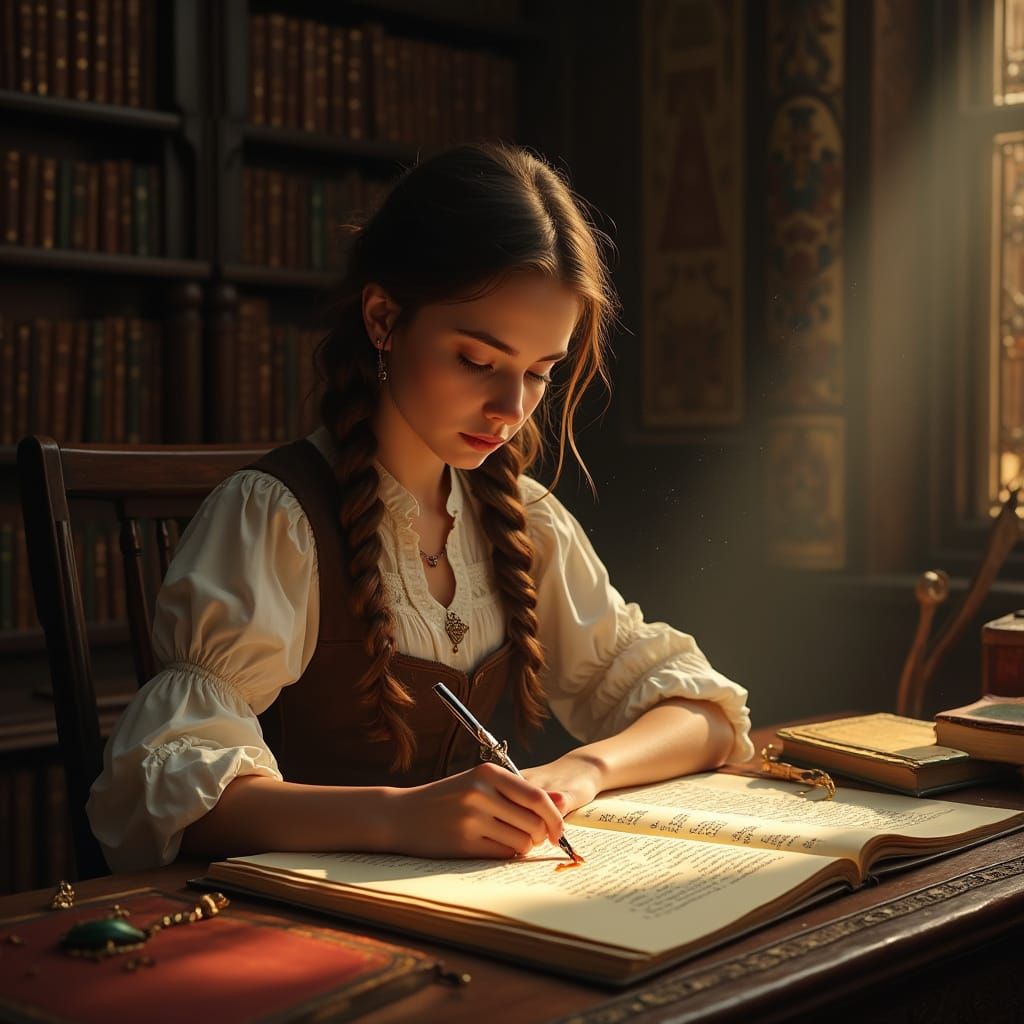 Concept art. Medium shot. A young woman copies a mysterious ...