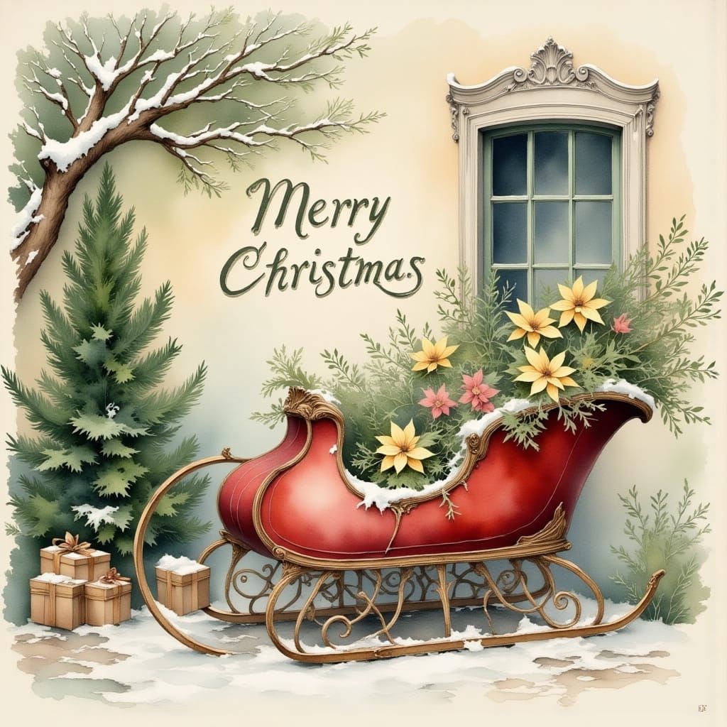 Antique Red Sled Laden with Christmas Gifts in Snowy Courtya...