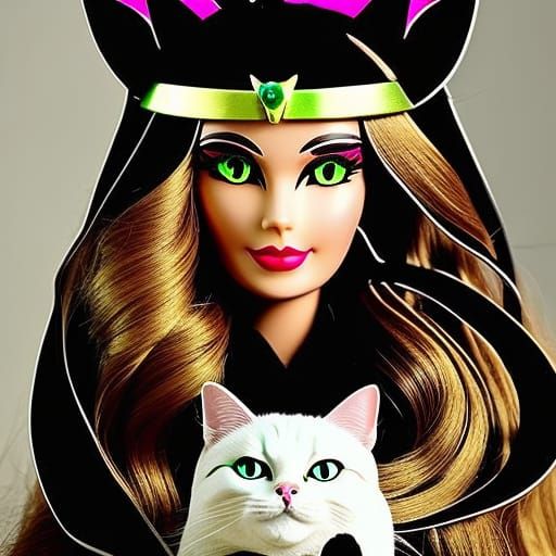 Crazy cat lady Barbie with long brown hair wearing cat ears on her head& Green cat like eyes& Winged cat like black eyel...