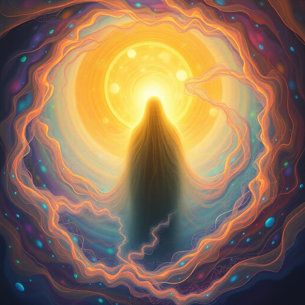 Surreal Figure in Iridescent Vortex of Time