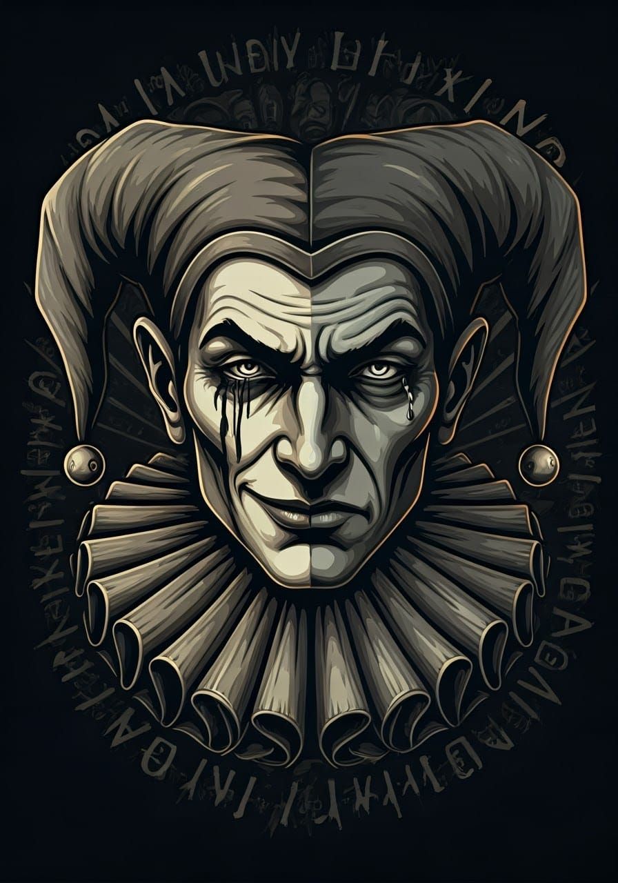 Court Jester's Bifurcated Face in Whimsical Vector Art