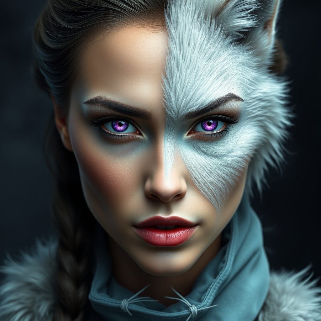 Surreal Beauty in Dual Form, Werewolf Half with White Fur an...