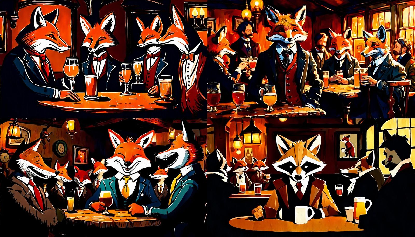Fox in Suit at London Pub, Acrylic Painting