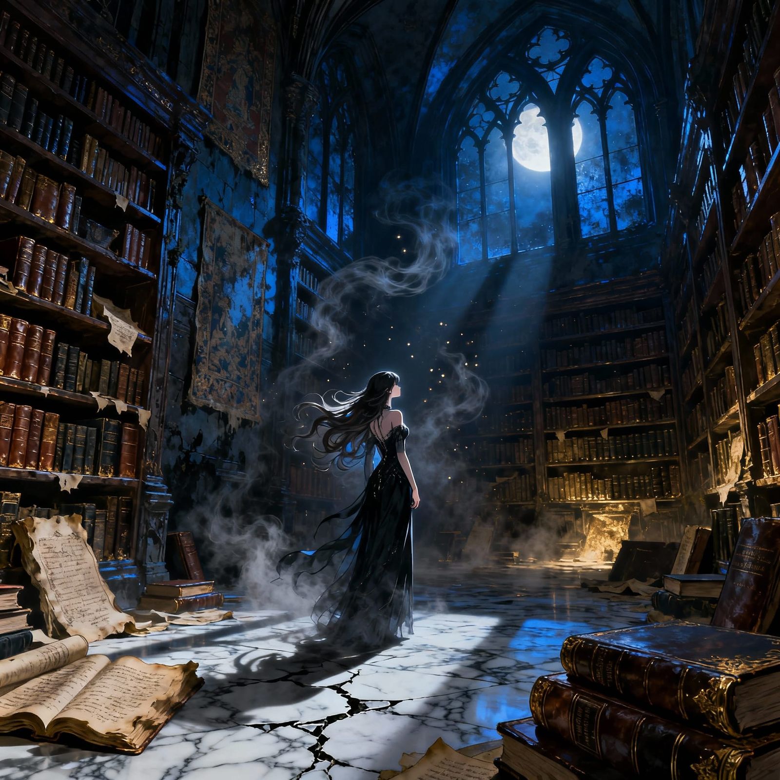 Ethereal Woman in Ancient Library, Dark Fantasy Anime Art