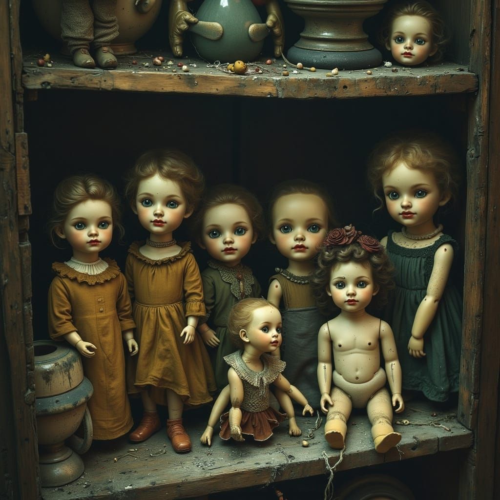Antique Dolls on Dusty Attic Shelf