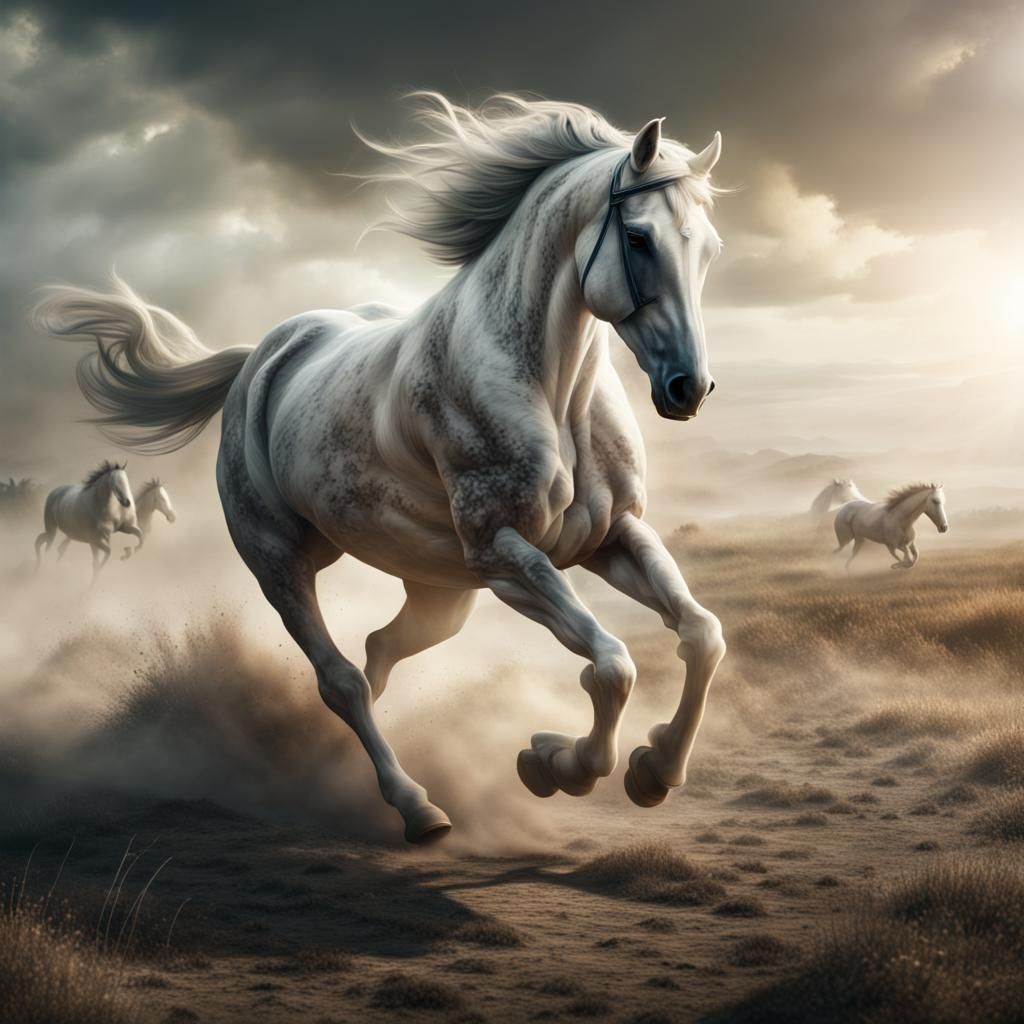 Horse Galloping Across Battlefield: Epic Digital Painting