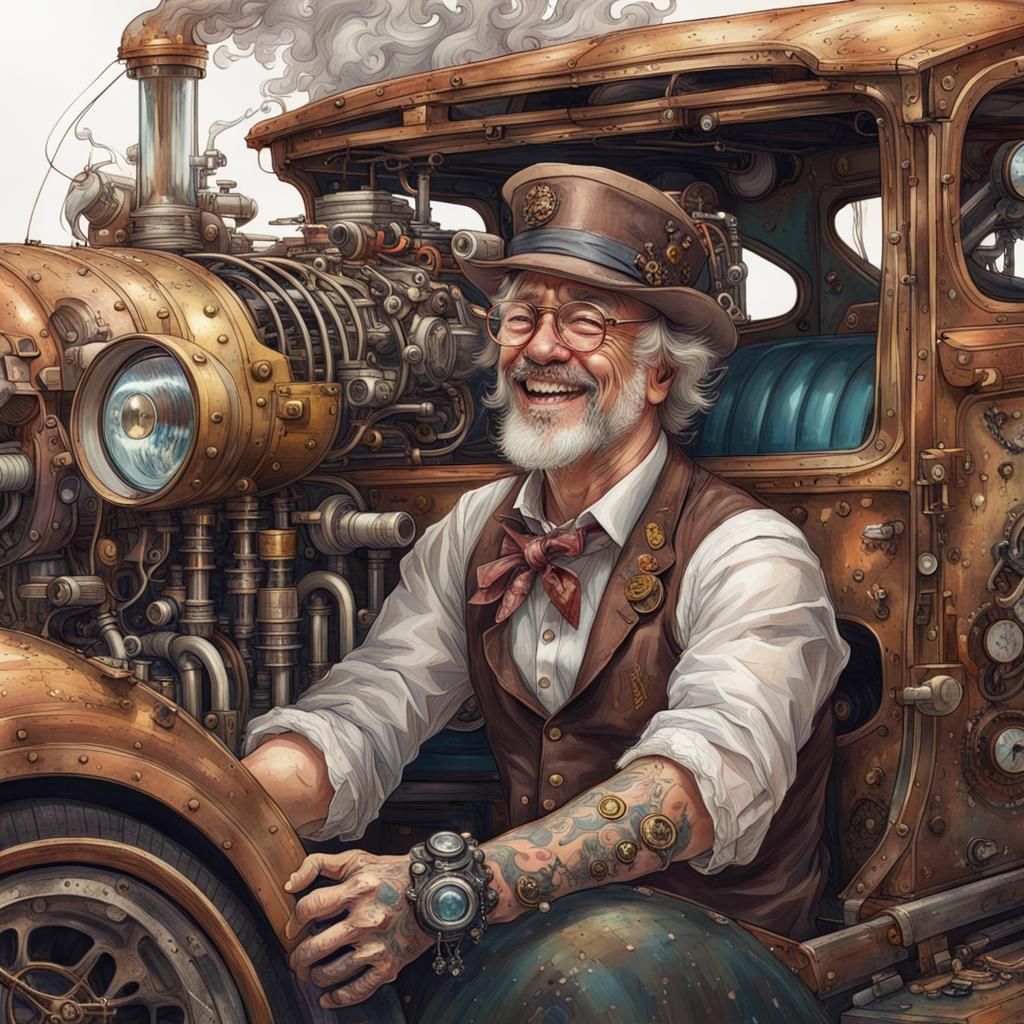 Steampunk Mechanic Laughing Portrait with Hotrod Car