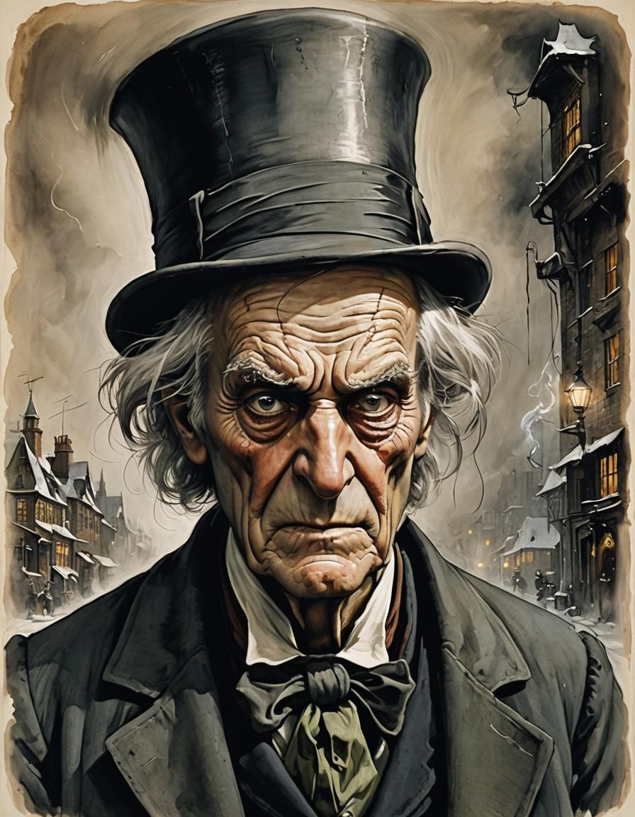 Bewildered Ebenezer Scrooge in Magic Realism Style