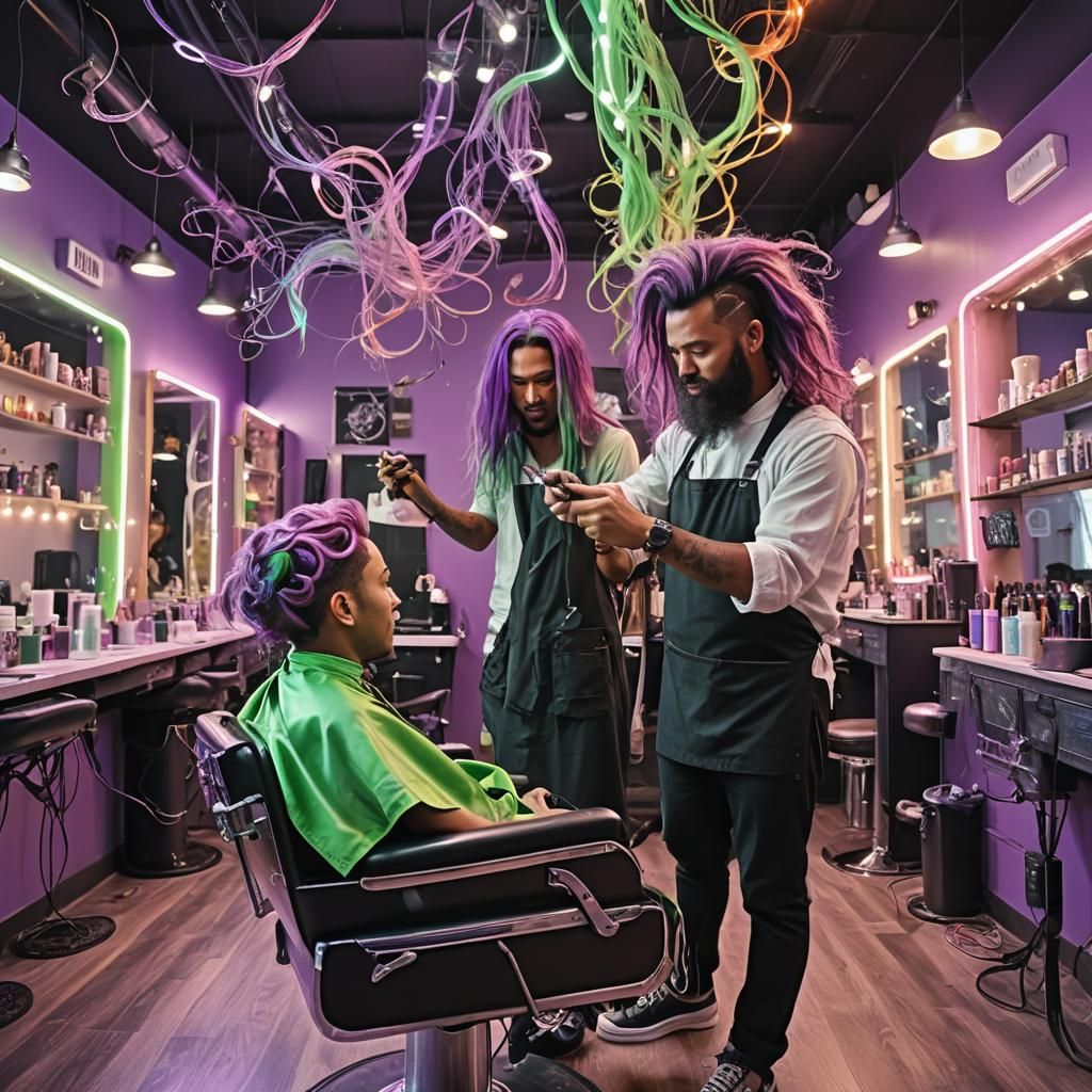 Intergalactic Barber Painting Hair in Fantasy Salon