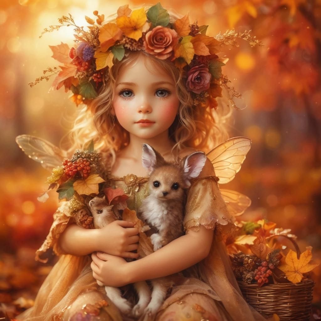 Gentle Tree Fairy in Autumn Watercolor Illustration
