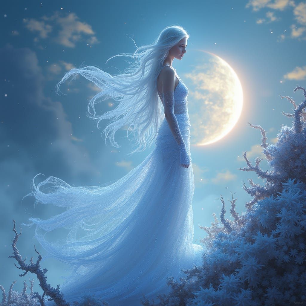 Ethereal Goddess of Ice in Futuristic Landscape