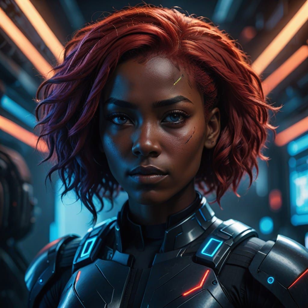 Sci-Fi Portrait of Woman with Red and Blue Hair
