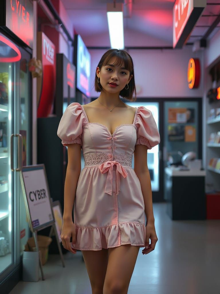 Vietnamese Woman in Cyber Shop in Cyberpunk Style