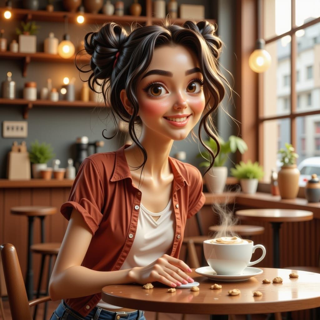 Whimsical 3D Cartoon Woman at Cafe