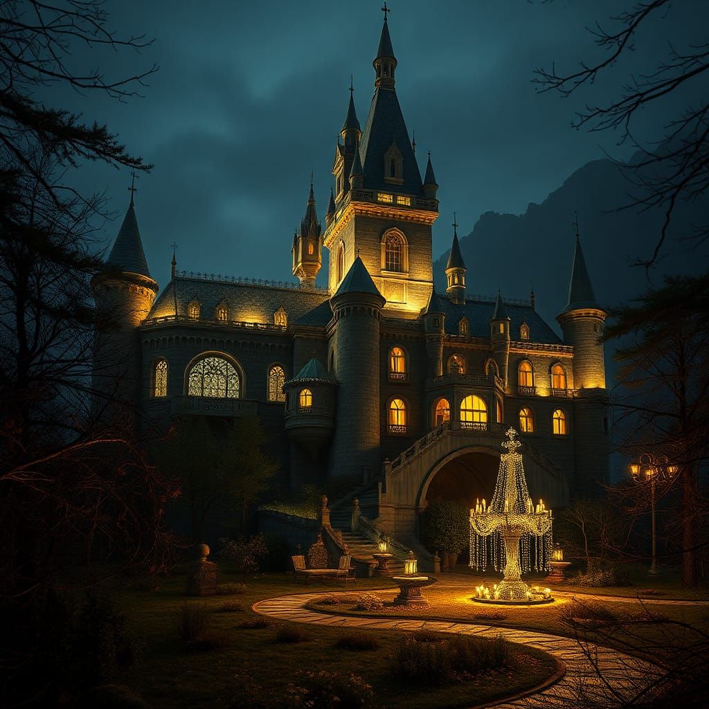 Glowing Castle in Glade: Hyperrealistic Night Scene