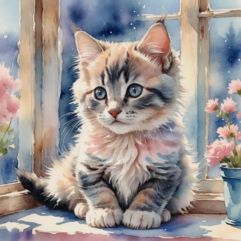 Watercolor Kitten Gazing from a Windowsill