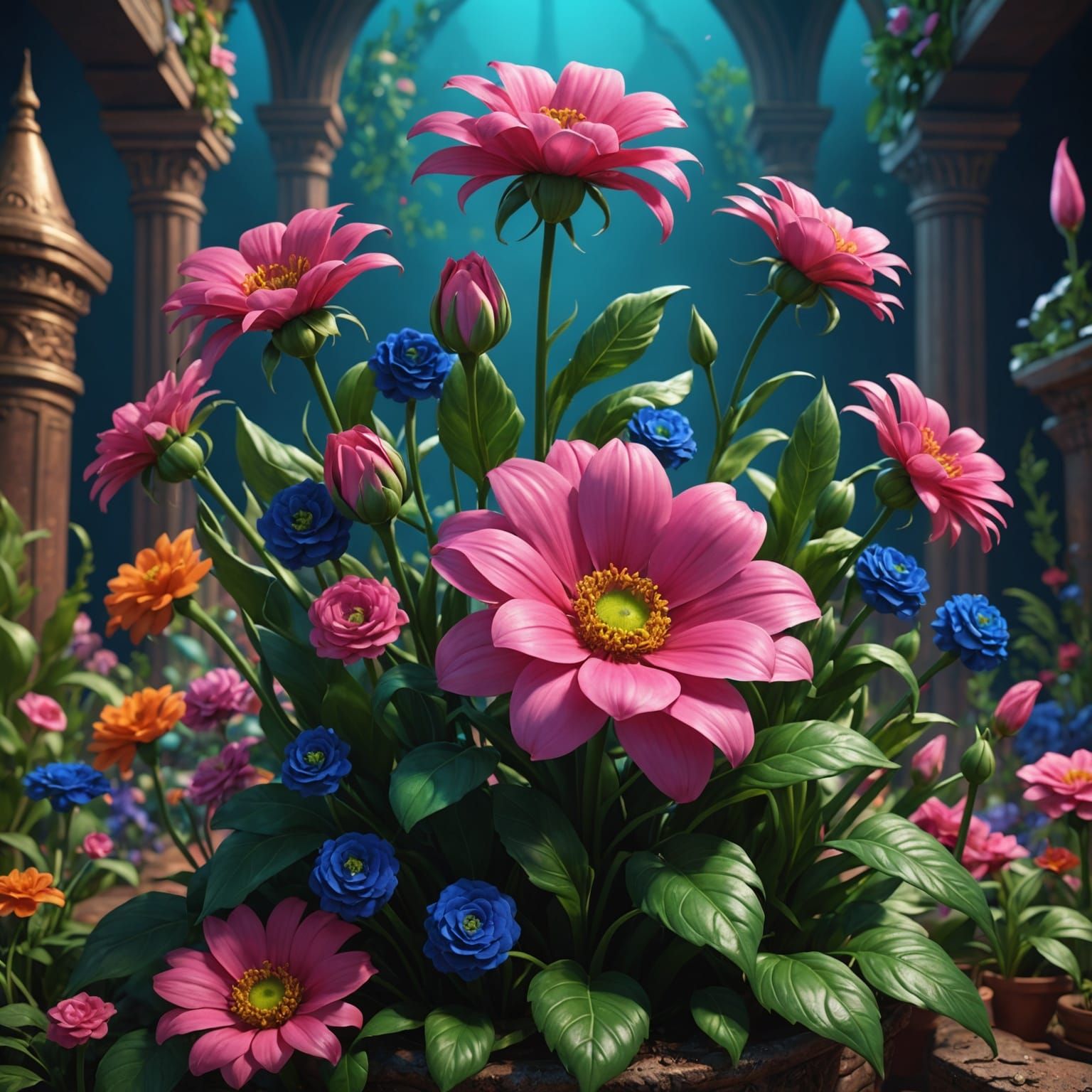 Fantastical Flower Painting in Pink, Blue, and Green
