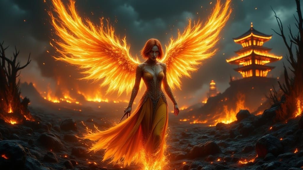 Ethereal Flame Angel Dances Amidst a Desolate Lava Landscape