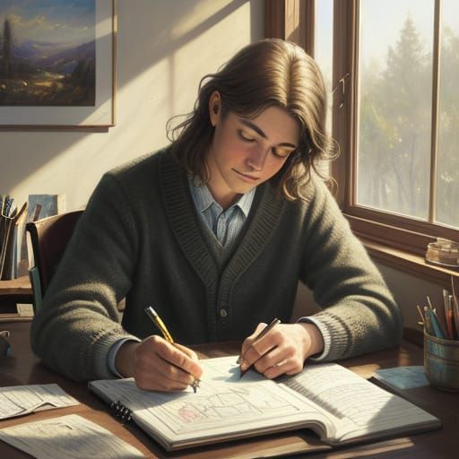 Whimsical Oil Painting of a Young Artist at Work