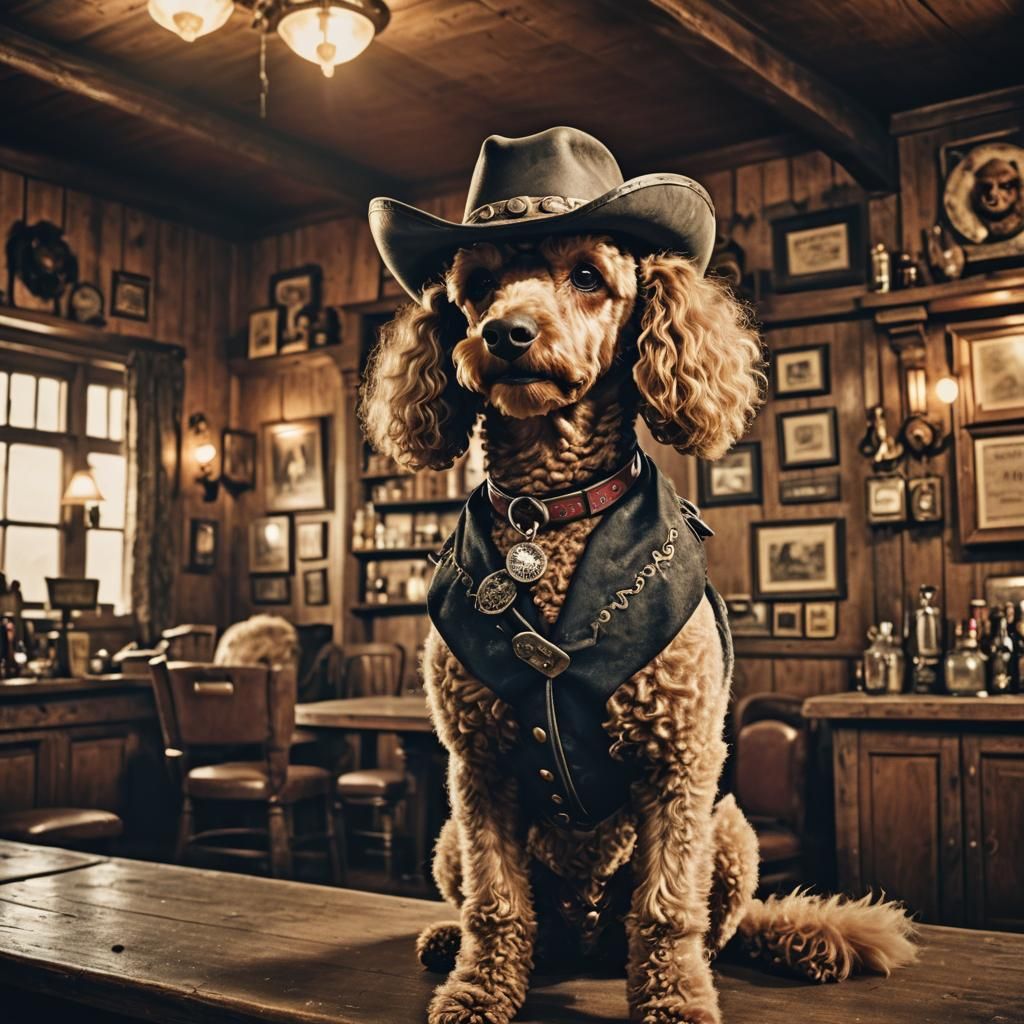 portrait fusion cowboy poodle in an old western saloon