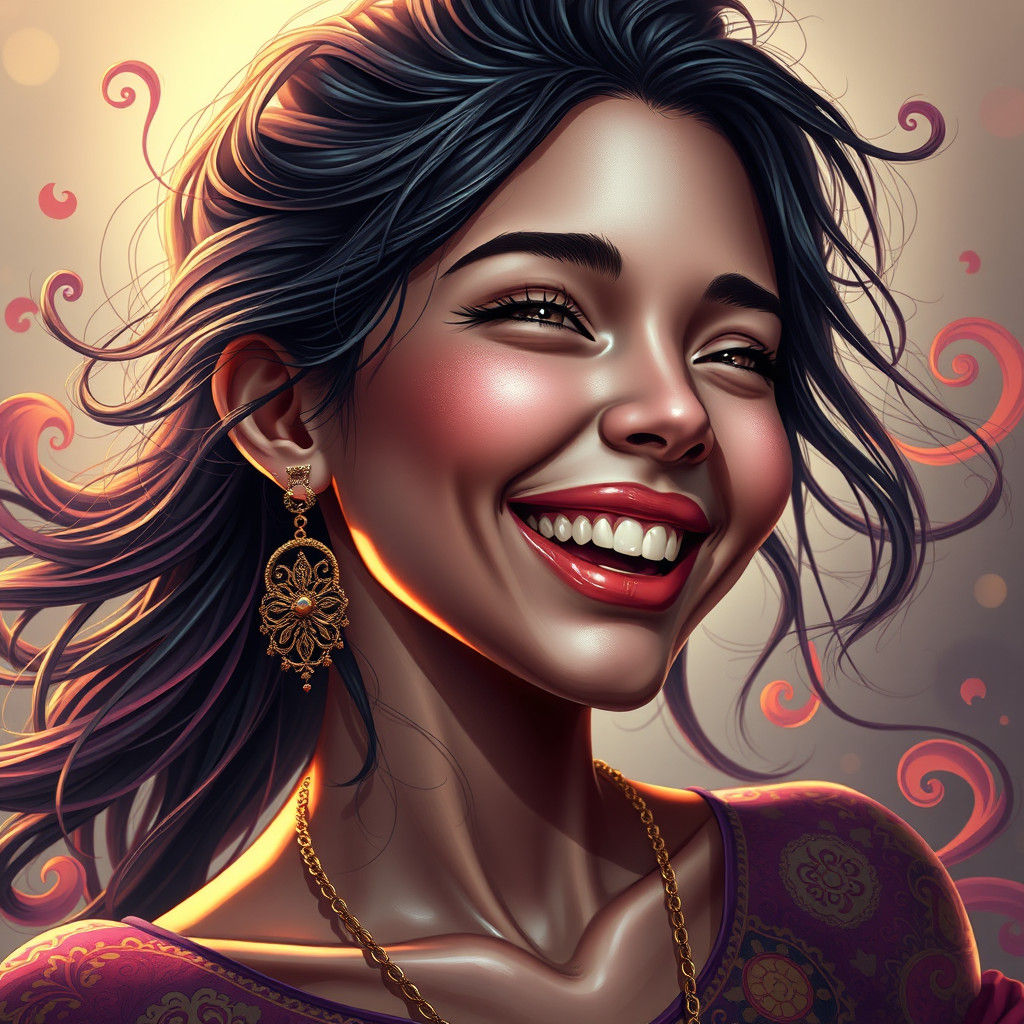 Joyful Woman Portrait with Dramatic Lighting and Ornate Line...