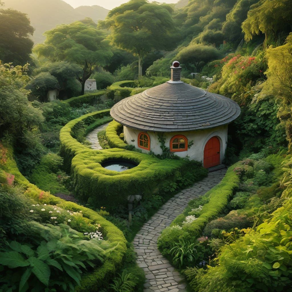 Whimsical Round House in Vibrant Fantasy Landscape