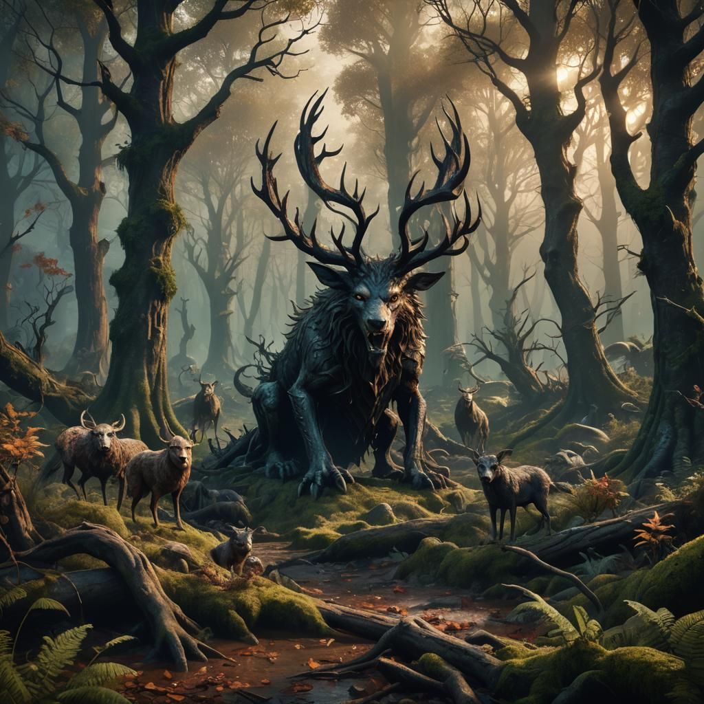 Supernatural creatures in a spooky forest