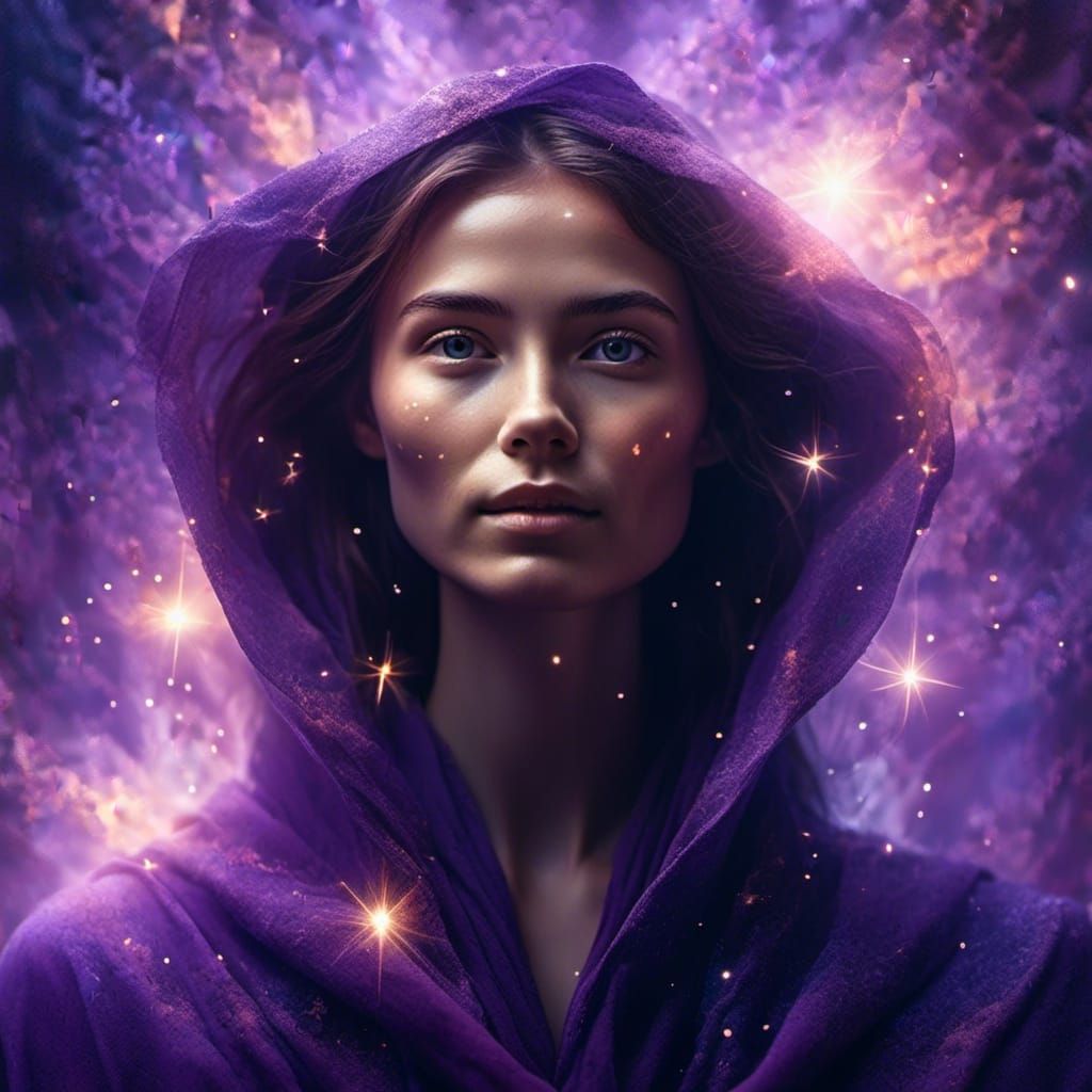 Ethereal Double Exposure Portrait of Woman in Universe