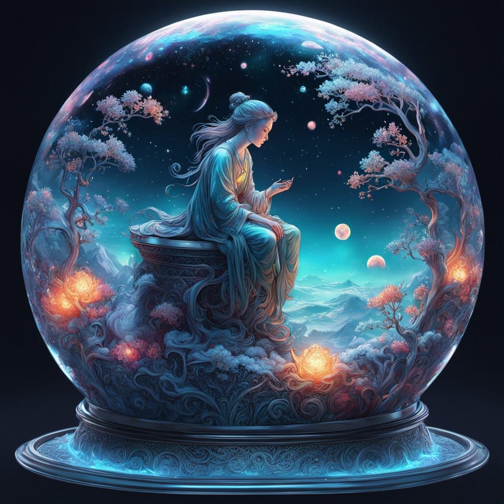 Glowing Winter Scene in a Glass Globe of Celestial Wonder
