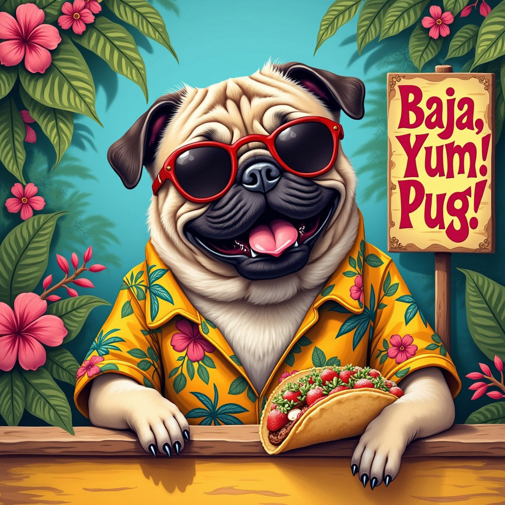 Pug's Baja Adventure: Taco Bliss in Folk Art Style