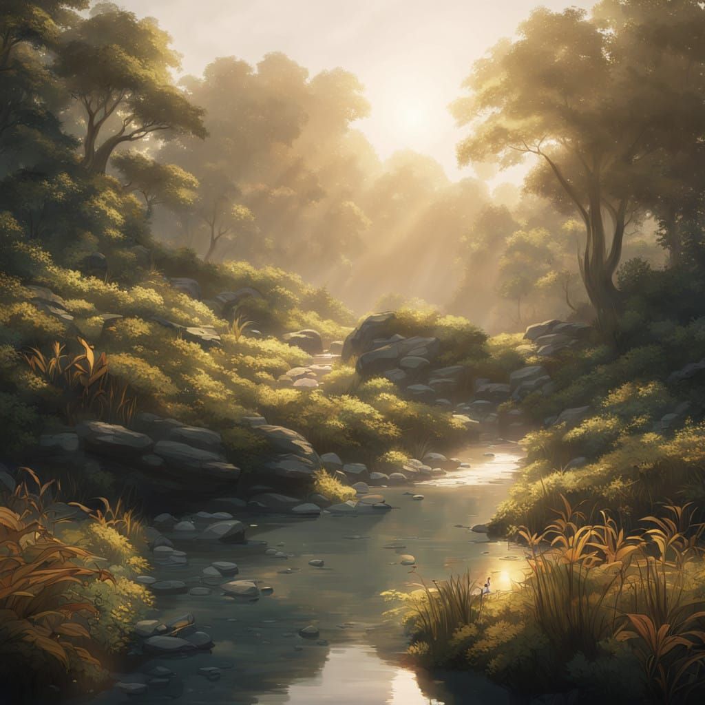 Whimsical Forest Streamlet in Golden Light