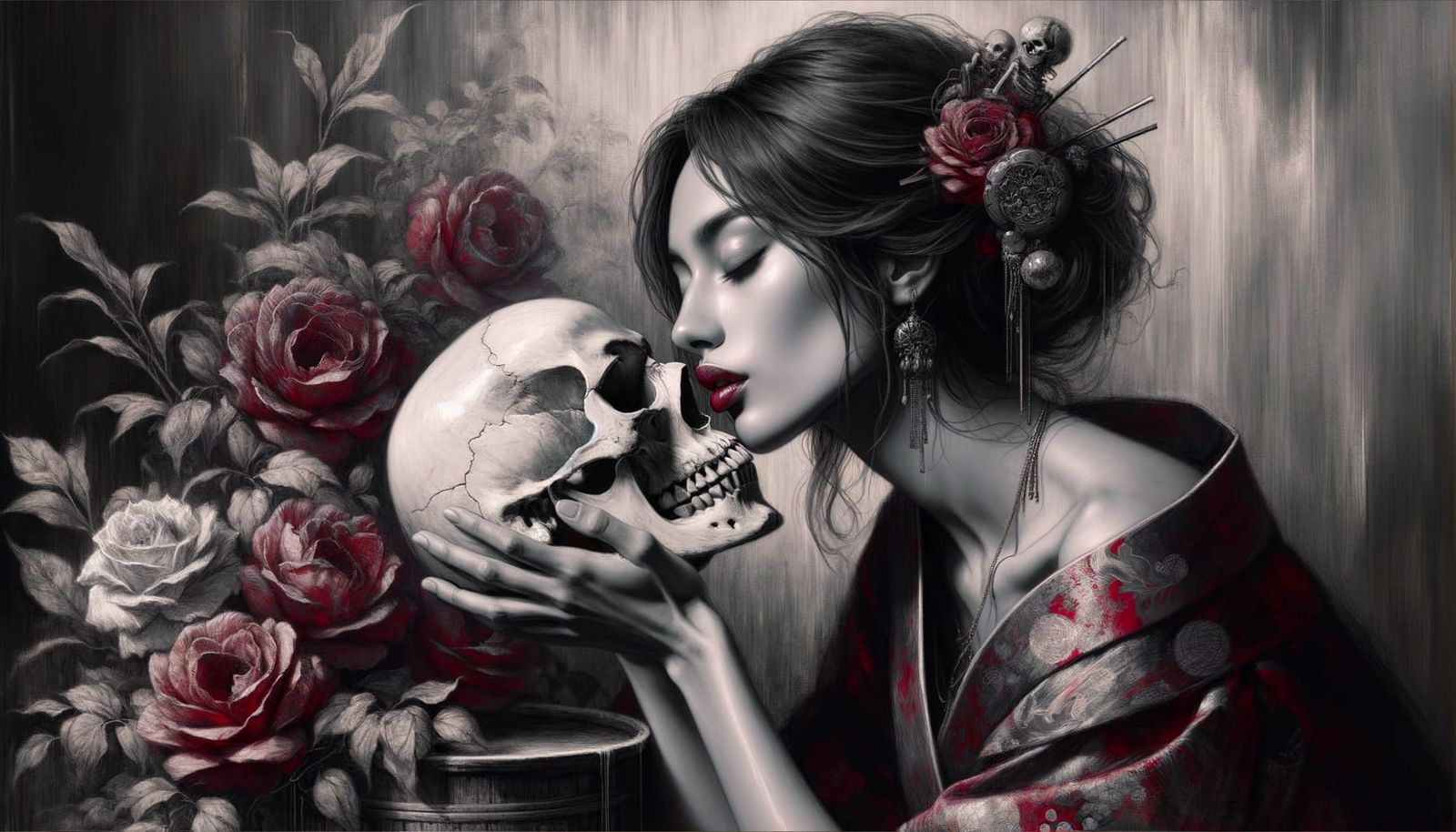 Woman Tenderly Kisses Skull in Dark, Gothic Scene