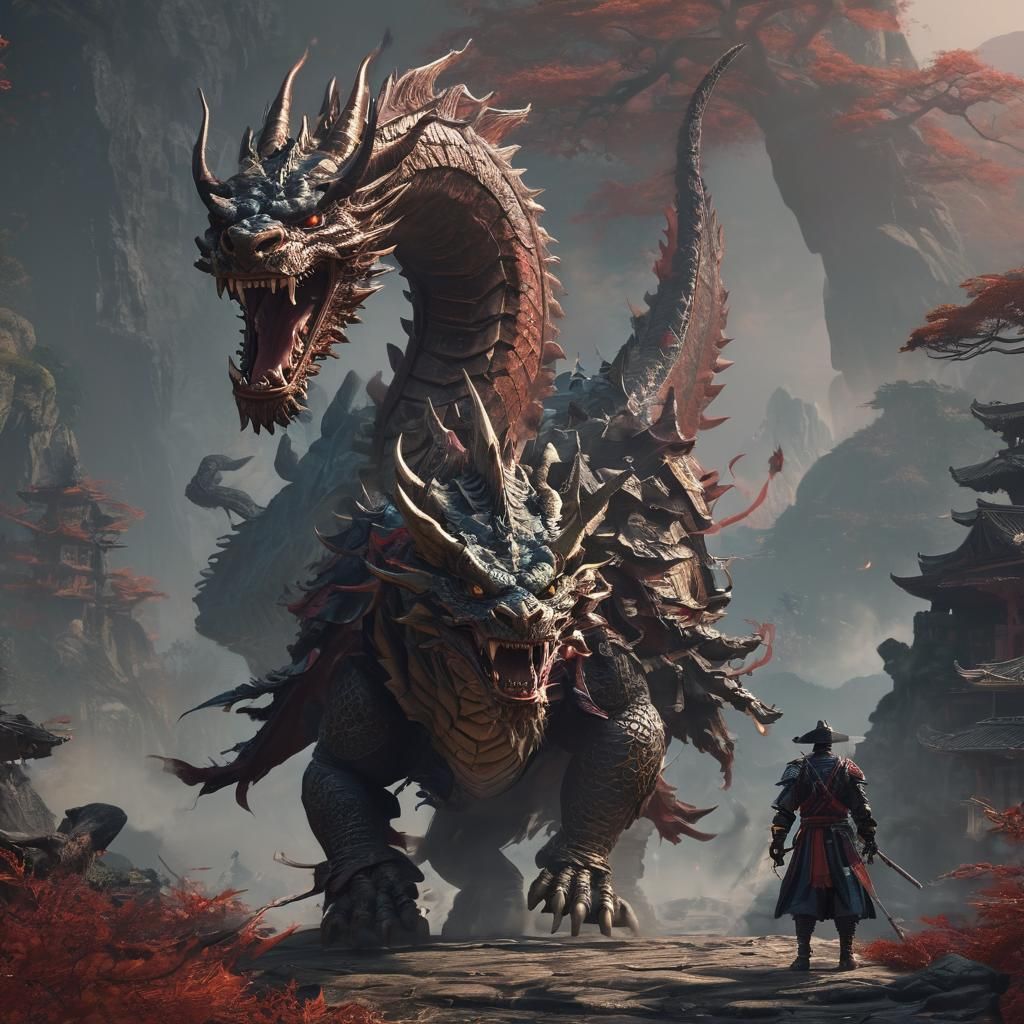 Samurai Warrior and Dragon: Detailed Matte Painting