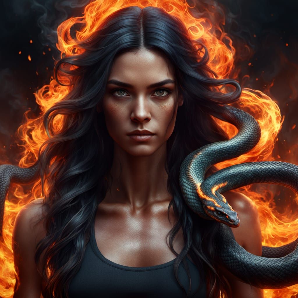 Fitness Goddess Embracing Infernal Serpent in Vibrant Realis...