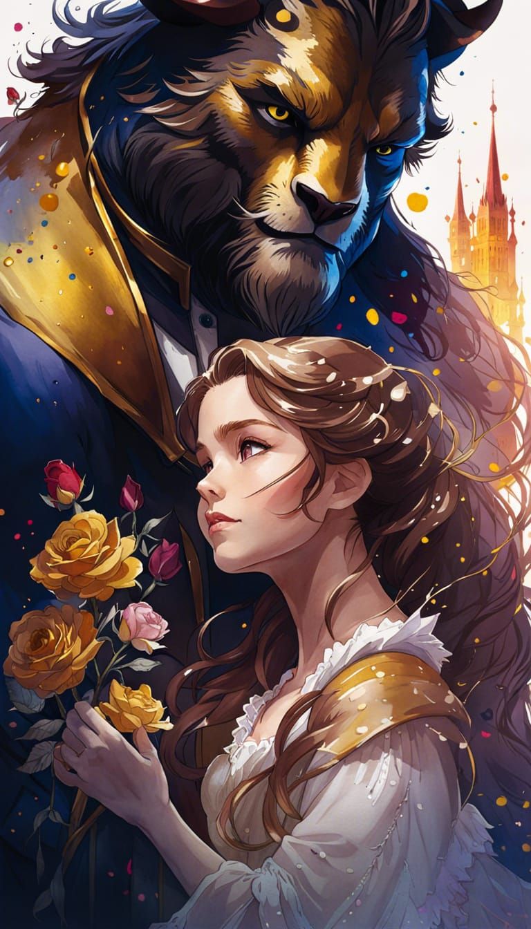 Beauty and the Beast Watercolor Portrait