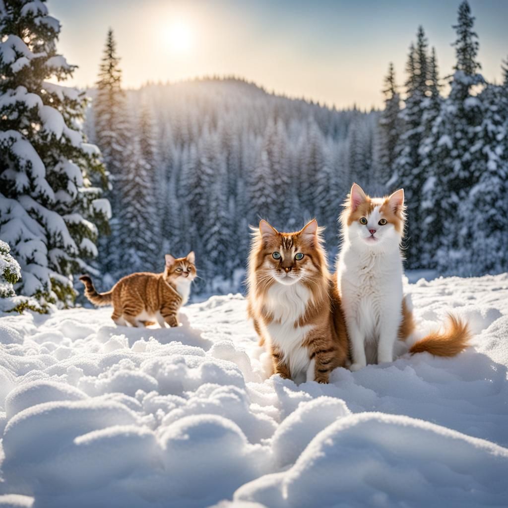 Cat and Dog in Snowy Winter Landscape
