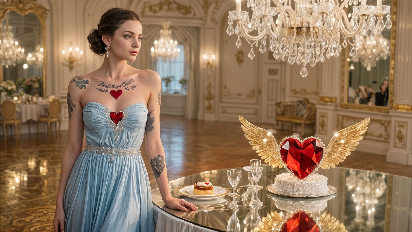 Elegant Woman in Blue Gown at Crystal Ballroom Table