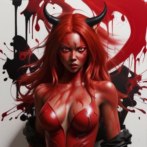 Red Demon Petting Cat in Graffiti Art Style