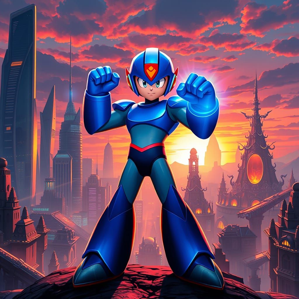 MegaMan Hero in Cyberpunk Cityscape