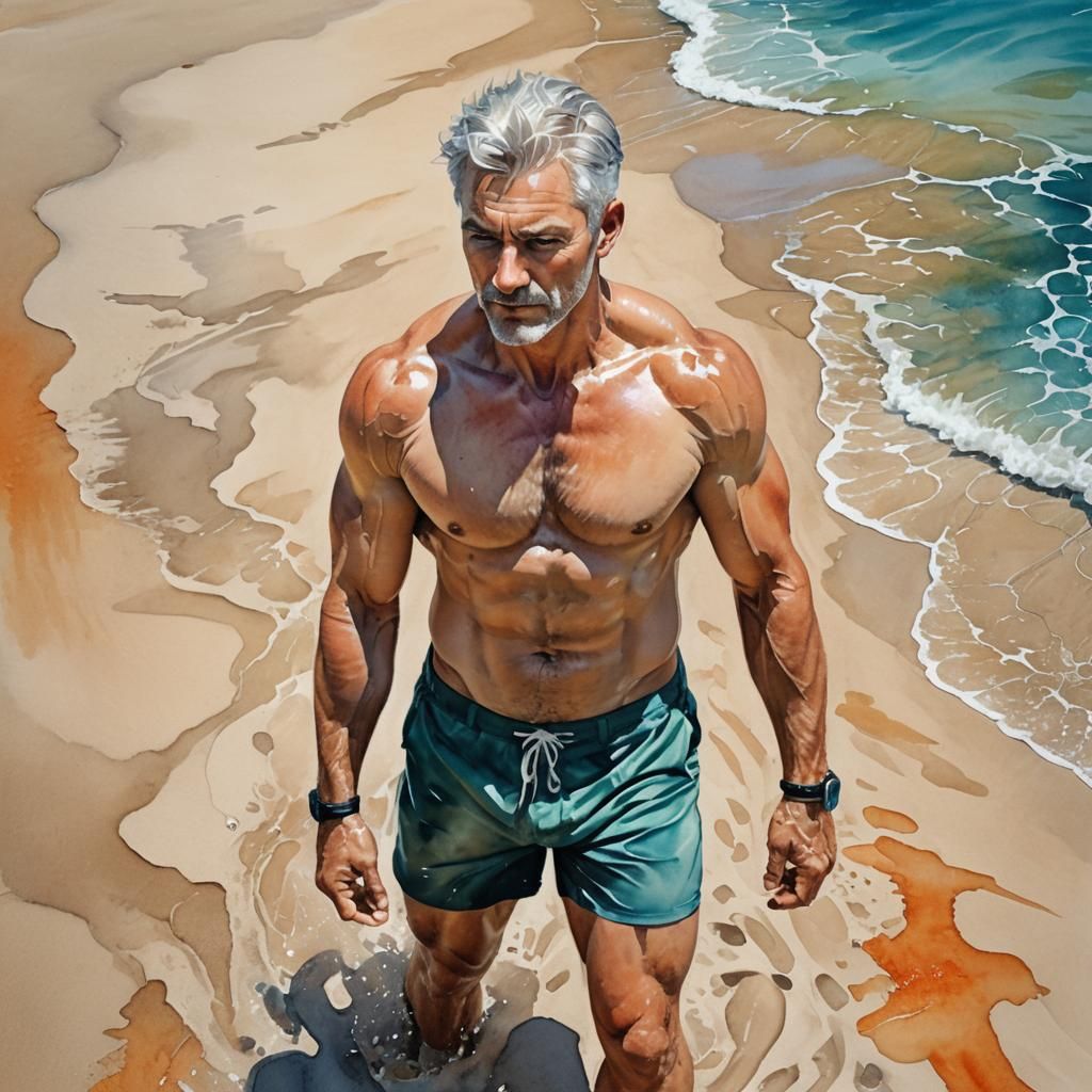 Watercolor Painting of Silver-Haired Man on Beach