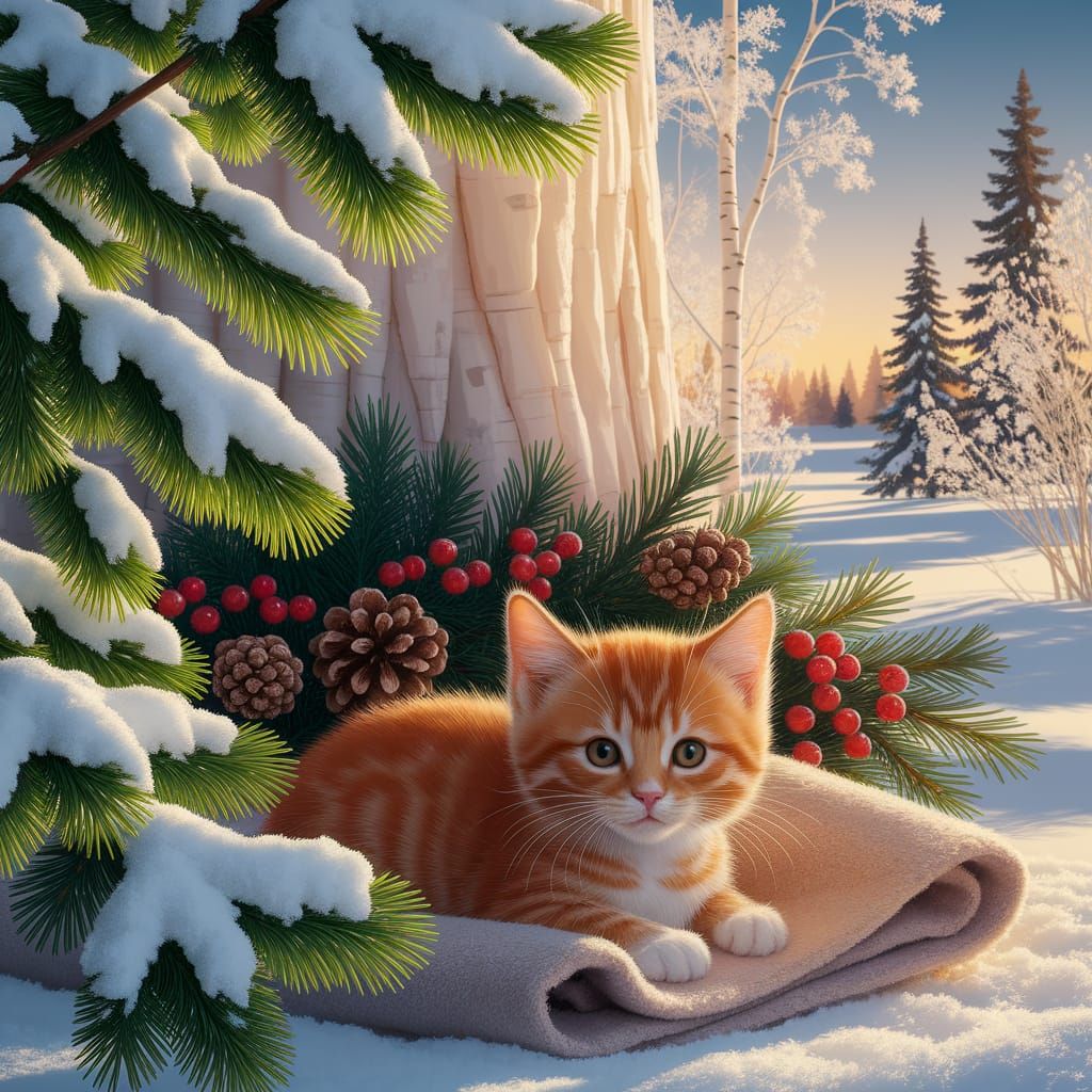 Ginger Kitten Among Snowy Pine Branches
