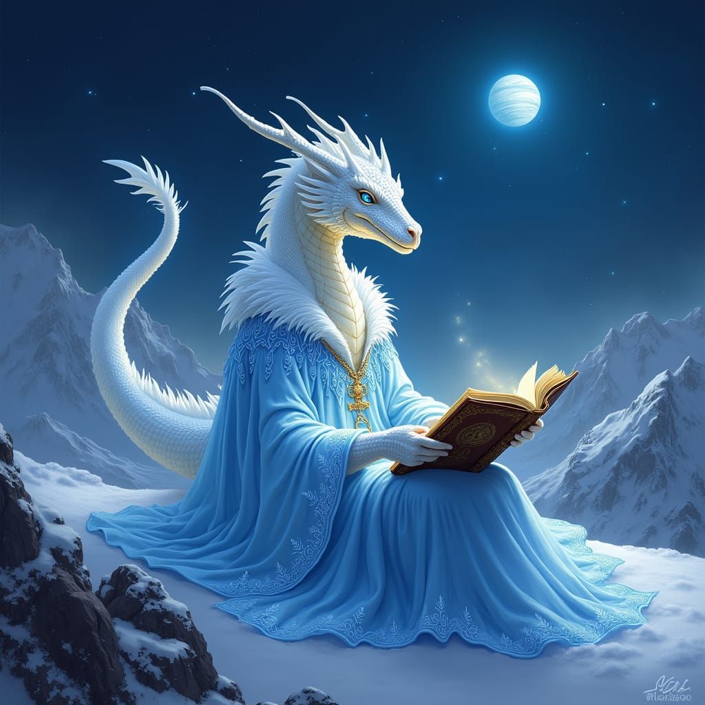 Ethereal Dragonborn on Snowy Mountain Under Saturn