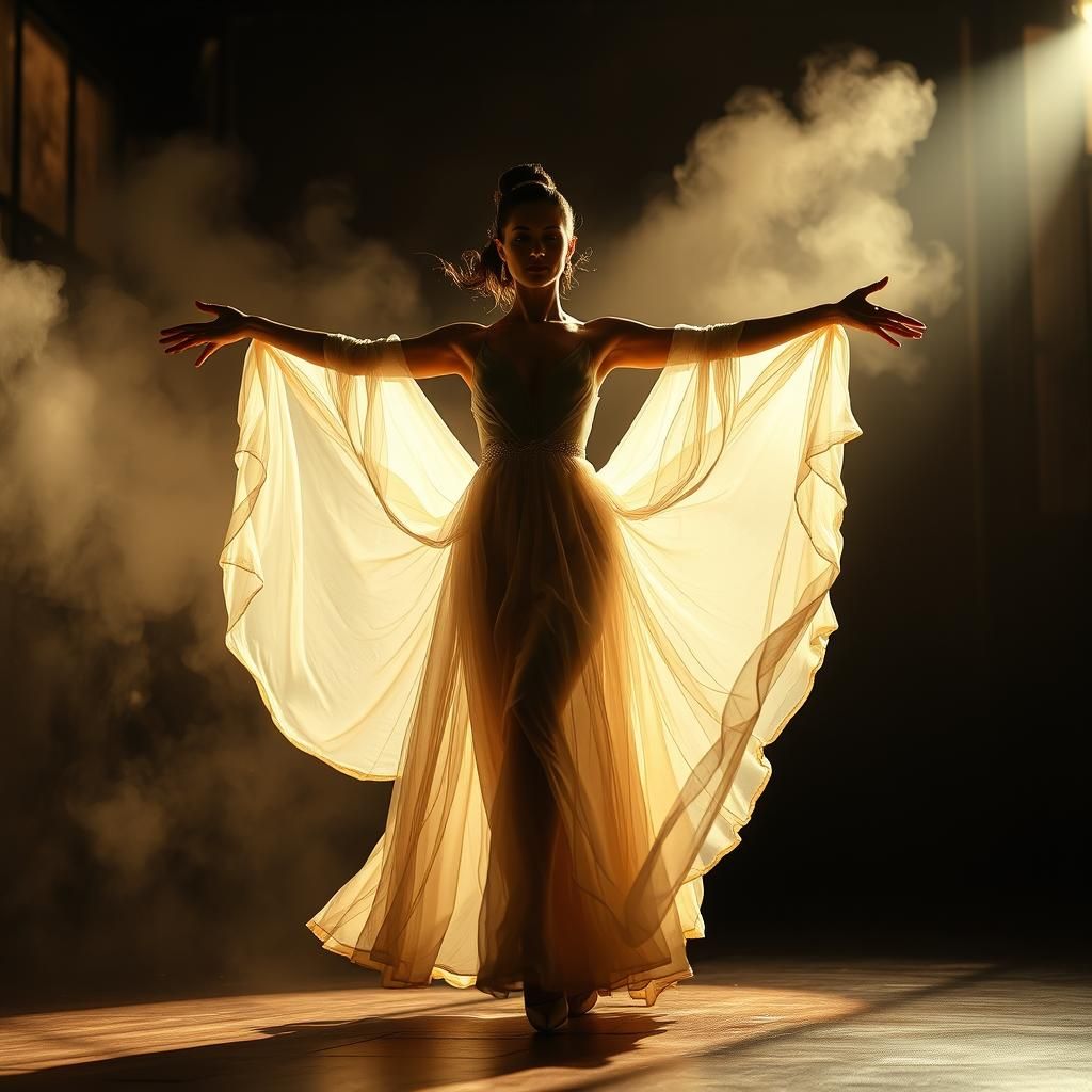 Elegant Dancer in Smoke-Filled Room with Ink Splatters