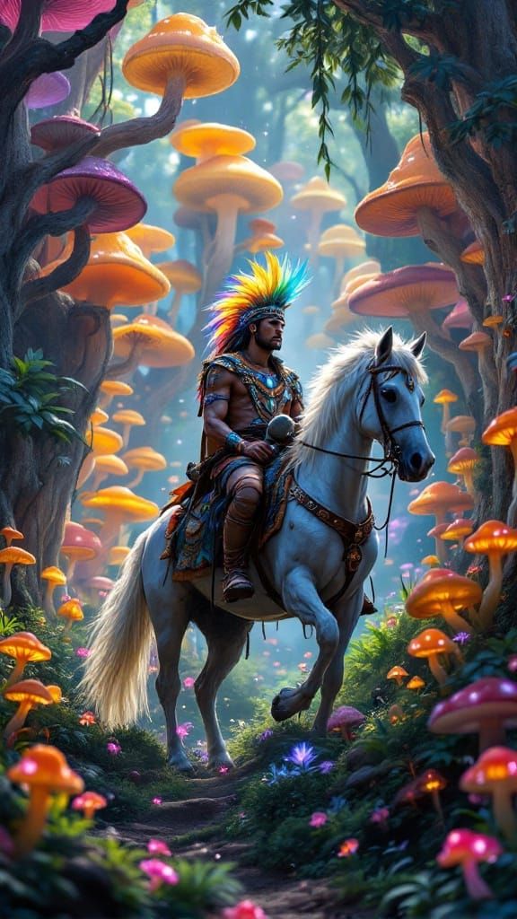 Enchanted Mushroom Forest with Inca Chief on White Horse