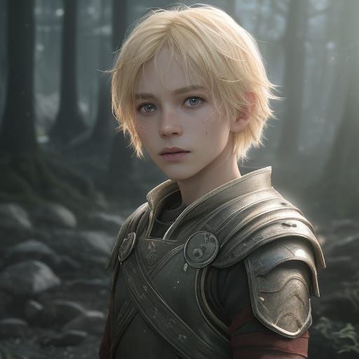 Blond Boy with Volumetric Lighting and Red Aura