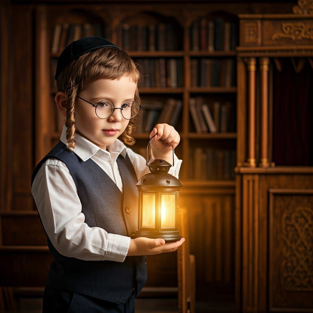 Orthodox Jewish Boy Illuminates Synagogue with Lantern
