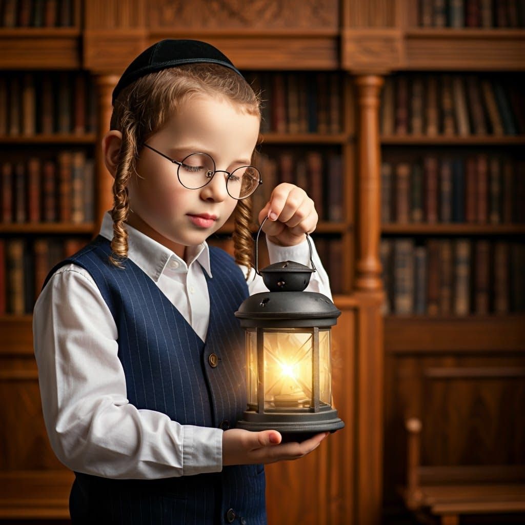 Serene Hasidic Boy in Synagogue Illuminated by Warm Lantern...
