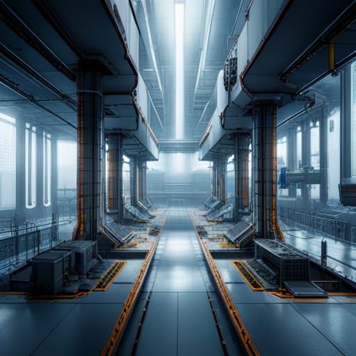 Futuristic Factory Exterior with Brutalist Struts in 8K